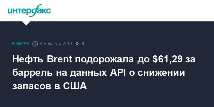 Нефть Brent подорожала до $61,29 за баррель на данных API о снижении запасов в США - interfax.ru - Москва - США - Лондон