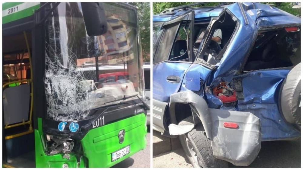 Пассажирский автобус протаранил четыре автомобиля в Алматы (фото) - nur.kz - Казахстан - Алма-Ата
