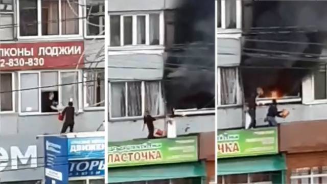 Видео: жильцы дома объединились и заливали пожар водой из ведер - ren.tv - Красноярск