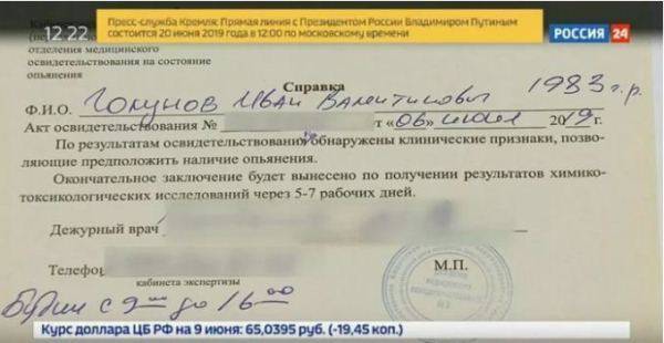 Иван Голунов - «Россия 24» сообщила об опьянении Голунова и показала справку об отсутствии опьянения - govoritmoskva.ru - Москва - Россия