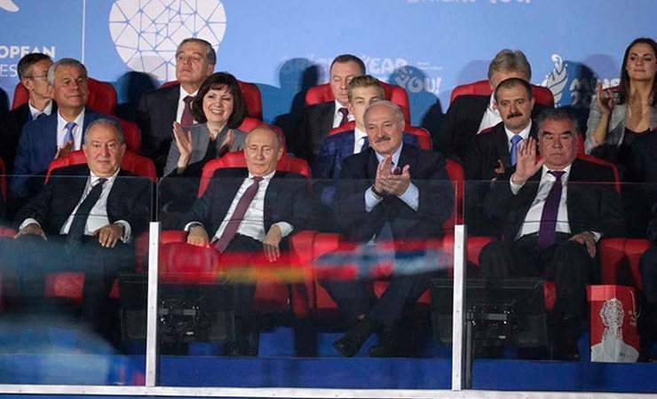 Владимир Путин - Дмитрий Песков - Александр Лукашенко - Эмомали Рахмон - Владимир Макей - Владимир Андрейченко - Наталья Эйсмонт - Наталья Кочанова - Виктор Лукашенко - Сыновья за спинами президентов: кто где сидел на закрытии Евроигр - gomel.today - Россия - Белоруссия - Таджикистан