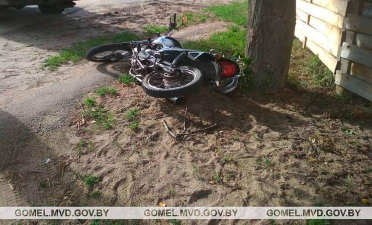Под Светлогорском пьяный бесправник на мотоцикле, скрываясь от ГАИ, врезался в забор и дерево. Он — в реанимации, пассажир — в травматологии - gomel.today - район Светлогорский