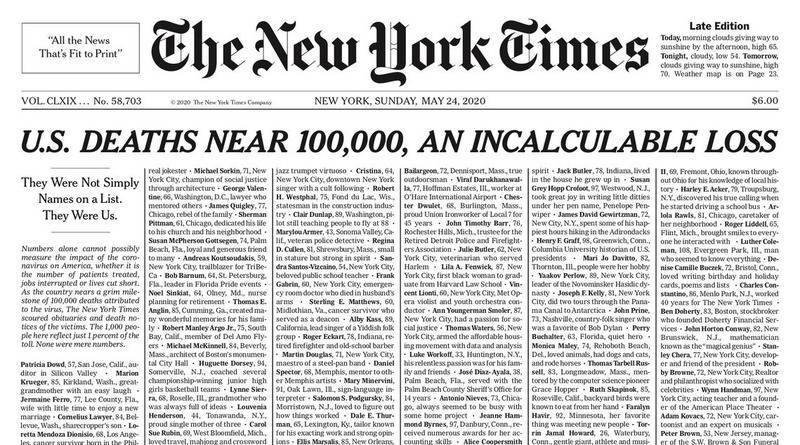 Вместо статей и фото: на первой полосе New York Times – имена умерших от коронавируса в США - usa.one - США - New York - New York