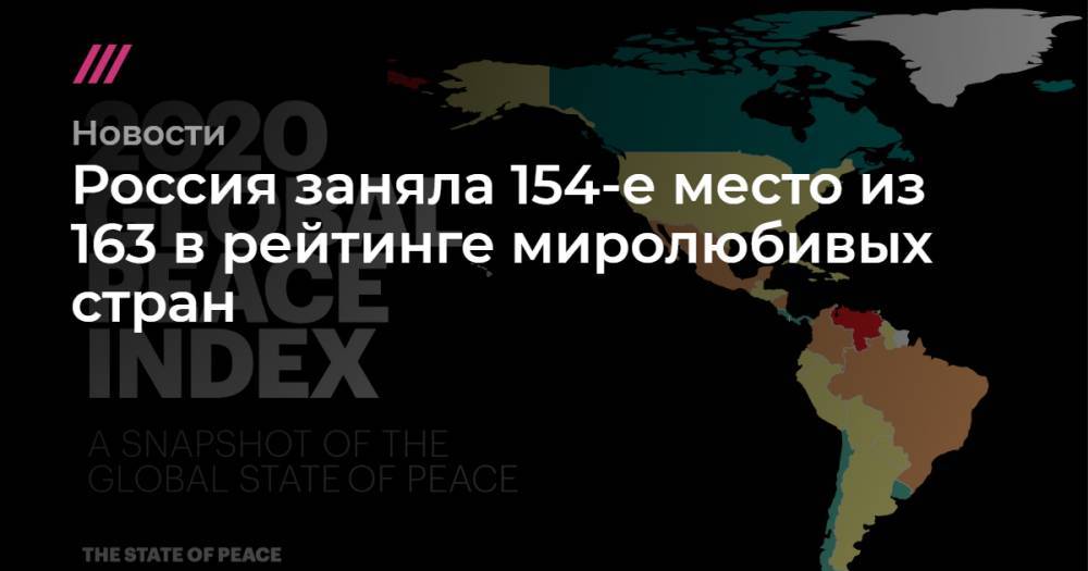 Владимир Путин - Россия заняла 154-е место из 163 в рейтинге миролюбивых стран - tvrain.ru - Австрия - Россия - КНДР - Судан - Дания - Новая Зеландия - Афганистан - Пакистан - Йемен - Португалия - Исландия - Конго - Сомали
