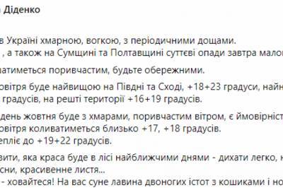 Наталья Диденко - Облачно, возможны осадки: синоптик рассказала о погоде на пятницу, 2 октября - newsone.ua - Украина - Киев