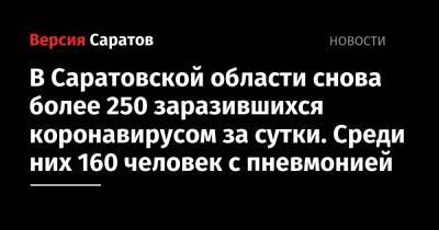 В Саратовской области снова более 250 заразившихся коронавирусом за сутки. Среди них 160 человек с пневмонией - nversia.ru - Саратовская обл. - Саратов - Советск - Вольск - район Энгельсский - Петровск - Хвалынск