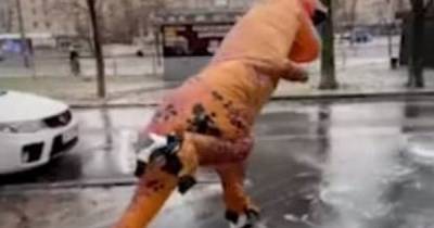 Скользкие танцы: в Киеве динозавр катался на коньках (видео) - tsn.ua - Киев