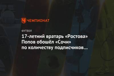 Денис Попов - 17-летний вратарь «Ростова» Попов обошёл «Сочи» по количеству подписчиков в «Инстаграме» - championat.com - Россия - Сочи - Ростов-На-Дону