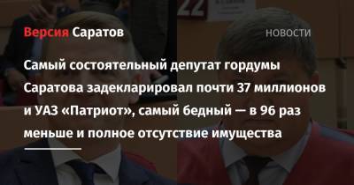 Самый состоятельный депутат гордумы Саратова задекларировал почти 37 миллионов и УАЗ «Патриот», самый бедный — в 96 раз меньше и полное отсутствие имущества - nversia.ru - Россия - Саратов