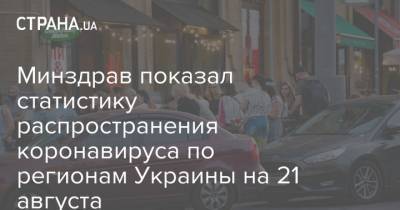 Минздрав показал статистику распространения коронавируса по регионам Украины на 21 августа - strana.ua - Украина - Киев - Киевская обл. - Луганская обл. - Запорожская обл. - Ивано-Франковская обл. - Сумская обл. - Харьковская обл. - Николаевская обл. - Волынская обл. - Кировоградская обл. - Днепропетровская обл. - Винницкая обл. - Тернопольская обл. - Одесская обл. - Житомирская обл. - Львовская обл. - Закарпатская обл. - Полтавская обл. - Херсонская обл. - Донецкая обл.