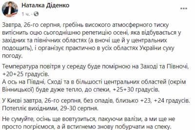 Наталья Диденко - Синоптик рассказала, какой будет погода в среду, 26 августа - newsone.ua - Украина