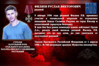 Имя героически погибшего военнослужащего навечно внесено в списки личного состава махачкалинского соединения Росгвардии - mirmol.ru - Кизляр