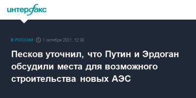 Владимир Путин - Реджеп Тайип Эрдоган - Дмитрий Песков - Тайип Эрдоган - Песков уточнил, что Путин и Эрдоган обсудили места для возможного строительства новых АЭС - interfax.ru - Москва - Россия - Турция