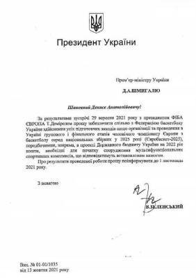 Владимир Зеленский - Денис Шмыгалю - Зеленский в письме обратился к Шмыгалю по поводу Евробаскета-2025 - sport.bigmir.net - Украина