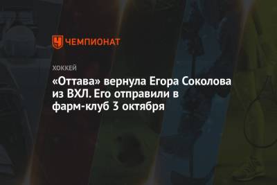 Бэй Лайтнинг - Егор Соколов - «Оттава» вернула Егора Соколова из ВХЛ. Его отправили в фарм-клуб 3 октября - championat.com - Оттава