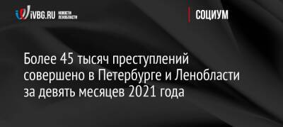 Более 45 тысяч преступлений совершено в Петербурге и Ленобласти за девять месяцев 2021 года - ivbg.ru - Украина - Ленинградская обл. - Санкт-Петербург - Петербург