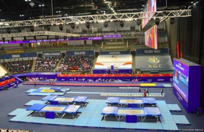 Всемирные соревнования среди возрастных групп в Баку: гимнасты из США заняли первое место в синхронных прыжках на батуте - trend.az - Россия - США - Англия - Азербайджан