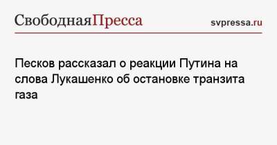 Владимир Путин - Дмитрий Песков - Песков рассказал о реакции Путина на слова Лукашенко об остановке транзита газа - svpressa.ru - Россия - Белоруссия