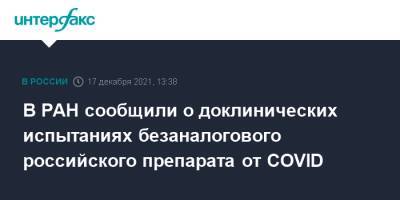 Александр Сергеев - В РАН сообщили о доклинических испытаниях безаналогового российского препарата от COVID - interfax.ru - Москва - Россия