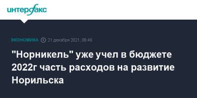 Владимир Потанин - "Норникель" уже учел в бюджете 2022г часть расходов на развитие Норильска - interfax.ru - Москва - Норильск - Норильск