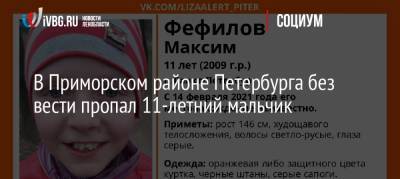 В Приморском районе Петербурга без вести пропал 11-летний мальчик - ivbg.ru - Санкт-Петербург - р-н. Приморский - Петербург
