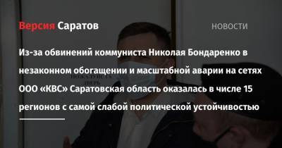 Николай Бондаренко - Из-за обвинений коммуниста Николая Бондаренко в незаконном обогащении и масштабной аварии на сетях ООО «КВС» Саратовская область оказалась в числе 15 регионов с самой слабой политической устойчивостью - nversia.ru - респ. Ингушетия - Саратовская обл. - респ. Дагестан - респ. Чечня