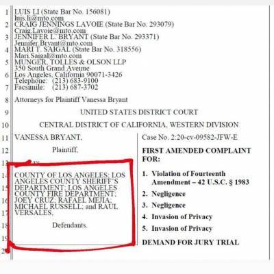 Коби Брайант - Ванесса Брайан подала иск в суд о распространении фотографий с места крушения вертолета Коби Брайанта и 13-летней дочери - skuke.net - Лос-Анджелес