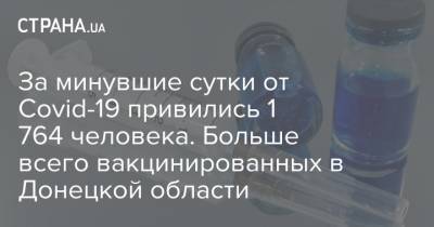 За минувшие сутки от Covid-19 привились 1 764 человека. Больше всего вакцинированных в Донецкой области - strana.ua - Киевская обл. - Запорожская обл. - Ивано-Франковская обл. - Волынская обл. - Кировоградская обл. - Днепропетровская обл. - Винницкая обл. - Житомирская обл. - Закарпатская обл. - Донецкая обл.