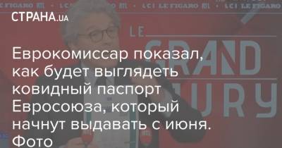 Еврокомиссар показал, как будет выглядеть ковидный паспорт Евросоюза, который начнут выдавать с июня. Фото - strana.ua