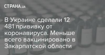 В Украине сделали 12 481 прививку от коронавируса. Меньше всего вакцинировано в Закарпатской области - strana.ua - Киев - Киевская обл. - Луганская обл. - Запорожская обл. - Ивано-Франковская обл. - Сумская обл. - Харьковская обл. - Николаевская обл. - Волынская обл. - Кировоградская обл. - Днепропетровская обл. - Винницкая обл. - Тернопольская обл. - Одесская обл. - Житомирская обл. - Львовская обл. - Закарпатская обл. - Полтавская обл. - Херсонская обл. - Донецкая обл.