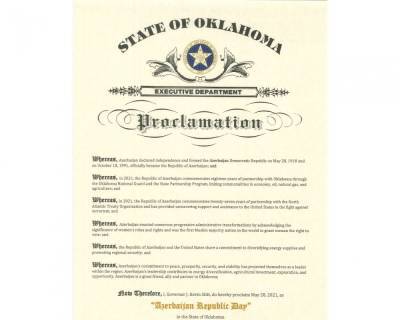 Губернатор Оклахомы подписал декларацию по случаю 103-й годовщины образования АДР - trend.az - США - USA - Азербайджан - штат Оклахома