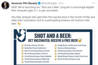 Филипп Мерфи - Жителям Нью-Джерси обещали бесплатное пиво за прививку от COVID-19 - govoritmoskva.ru - шт.Нью-Джерси