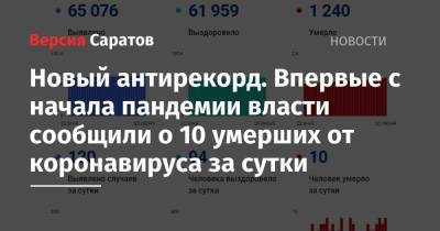 Впервые с начала пандемии власти Саратовской области сообщили о 10 умерших от коронавируса за сутки - nversia.ru - Саратовская обл. - Самарская обл. - Архангельская обл.