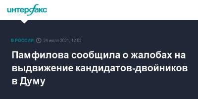 Элла Памфилова - Памфилова сообщила о жалобах на выдвижение кандидатов-двойников в Думу - interfax.ru - Москва - Россия