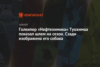 Голкипер «Нефтехимика» Туохимаа показал шлем на сезон. Сзади изображена его собака - championat.com - Финляндия