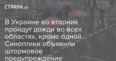 В Украине во вторник пройдут дожди во всех областях, кроме одной. Синоптики объявили штормовое предупреждение - strana.ua - Украина - Киев - Закарпатская обл.