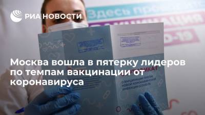 Москва вошла в пятерку лучших регионов по темпам вакцинации от коронавируса - ria.ru - Москва - Россия - Московская обл. - Белгородская обл. - Чукотка - окр.Ненецкий