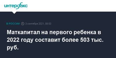 Антон Котяков - Маткапитал на первого ребенка в 2022 году составит более 503 тыс. руб. - interfax.ru - Москва - Россия