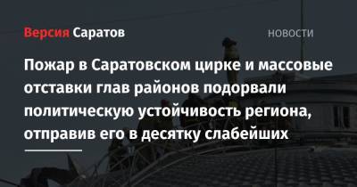 Пожар в Саратовском цирке и массовые отставки глав районов подорвали политическую устойчивость региона, отправив его в десятку слабейших - nversia.ru - Россия - респ. Ингушетия - Саратовская обл. - Саратов - Владимирская обл. - Хабаровский край - респ. Дагестан - респ. Алания - респ.Тыва - респ. Хакасия - Пензенская обл.