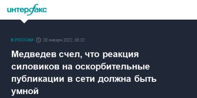 Дмитрий Медведев - Медведев счел, что реакция силовиков на оскорбительные публикации в сети должна быть умной - interfax.ru - Москва - Россия