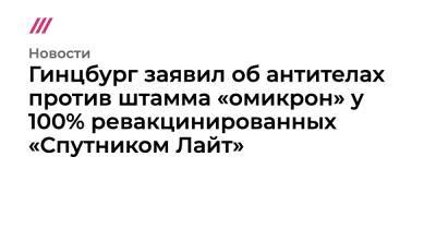 Гинцбург заявил об антителах против штамма «омикрон» у 100% ревакцинированных «Спутником Лайт» - tvrain.ru - Гонконг - Юар