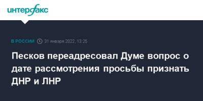 Дмитрий Песков - Леонид Слуцкий - Леонид Калашников - Песков переадресовал Думе вопрос о дате рассмотрения просьбы признать ДНР и ЛНР - interfax.ru - Москва - Россия - ДНР - ЛНР - Донецкая обл.