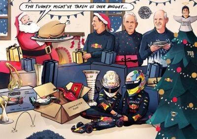 Максим Ферстаппен - Кристиан Хорнер - Серхио Перес - Эдриан Ньюи - Рождественская открытка от Red Bull Racing - f1news.ru