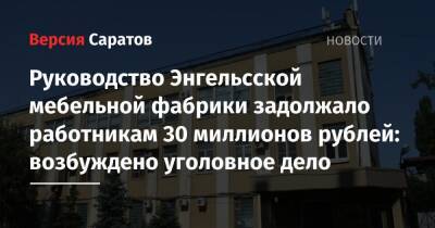 Руководство Энгельсской мебельной фабрики задолжало работникам 30 миллионов рублей: возбуждено уголовное дело - nversia.ru - Россия - Саратовская обл.