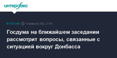 Вячеслав Володин - Госдума на ближайшем заседании рассмотрит вопросы, связанные с ситуацией вокруг Донбасса - interfax.ru - Москва - Киев - Германия - ДНР - ЛНР - Донбасс