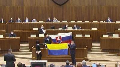 Депутаты парламента Словакии облили флаг Украины водой и унесли его - 5-tv.ru - США - Украина - Вашингтон - Словакия