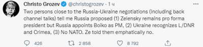 Юрий Бойко - Христо Грозев - Уже не «демилитаризация и денацификация»: Путин требует признать «Л/ДНР» и Крым, отказать от НАТО и назначить Бойко премьером - narodna-pravda.ua - Россия - Украина - Крым - ДНР