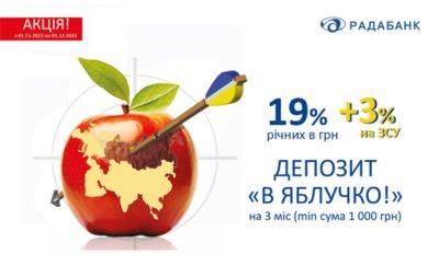 РАДАБАНК продолжает удивлять Акциями. Акционный депозит «В Яблочко!» под 19% годовых и + 3% на ВСУ - minfin.com.ua - Украина
