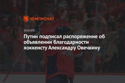 Владимир Путин - Путин подписал распоряжение об объявлении благодарности хоккеисту Александру Овечкину - championat.com - Москва - Россия - Вашингтон