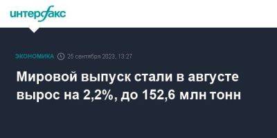 Мировой выпуск стали в августе вырос на 2,2%, до 152,6 млн тонн - smartmoney.one - Москва - Россия - Китай - Южная Корея - США - Украина - Турция - Германия - Япония - Бразилия - Иран - Индия